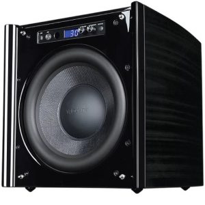 Velodyne subwoofer with a large front driver, glossy black cabinet, and blue digital display.