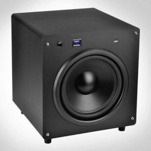Black powered subwoofer with a large front-facing woofer, blue digital display, and four small feet.