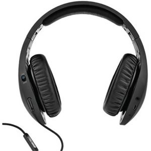 Black over-ear headphones with cushioned ear cups and adjustable headband; wired 3.5mm connector and on/off switch on the earcup.