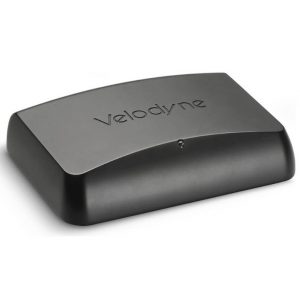 Velodyne black curved-top audio enclosure with embossed Velodyne branding.
