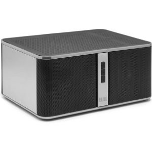 ELAC wireless stereo speaker with two front black mesh grilles, perforated top, and centered control strip.