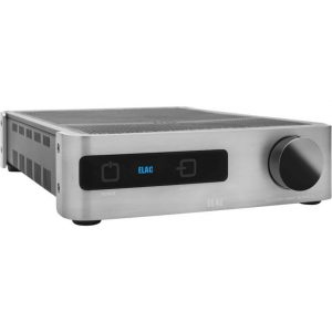 ELAC stereo amplifier with brushed aluminum chassis, front panel display showing blue ELAC logo and large right-side volume knob.