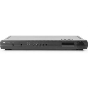 ELAC audio receiver with black front panel, large right-side volume knob, and multiple control buttons.