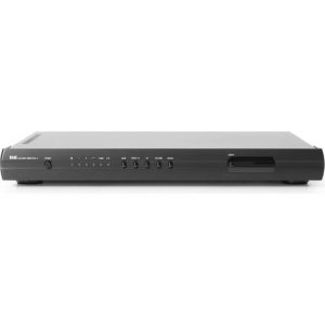 1U black rack-mount device with front-panel buttons and a right-side drive slot.