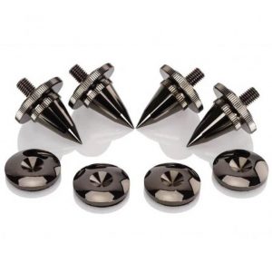 Four black metal furniture spike feet with threaded studs and matching circular caps.