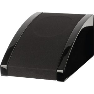 Curved black speaker with fabric grille and glossy side panels.