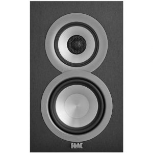 ELAC two-way bookshelf speaker with silver-ringed drivers on a dark cabinet.
