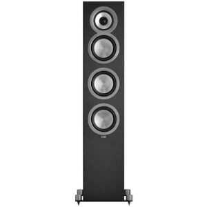 Elac floorstanding speaker with four silver drivers in a tall black cabinet and spiked metal feet.