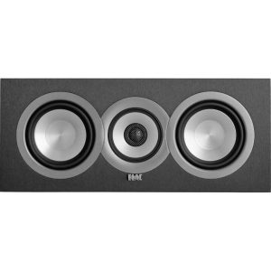 ELAC center channel speaker with two large silver cone woofers and a central tweeter in a dark fabric cabinet