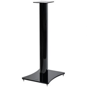 Glossy black floor-standing speaker stand with a vertical central column, square top plate, and square base with adjustable feet.