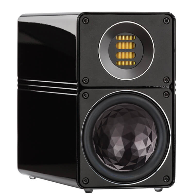 Black glossy two-way speaker with circular gold-tinted tweeter above a large faceted woofer cone