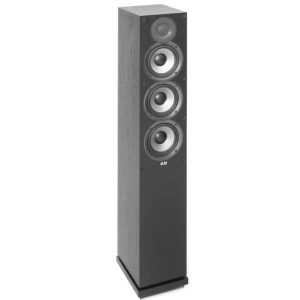 Elac floor-standing loudspeaker with four drivers in a vertical column including a top tweeter, black woodgrain cabinet.