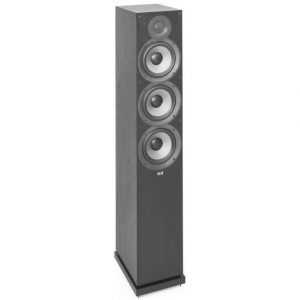 ELAC floorstanding loudspeaker with four drivers in a tall wood-veneer cabinet and black front panel.