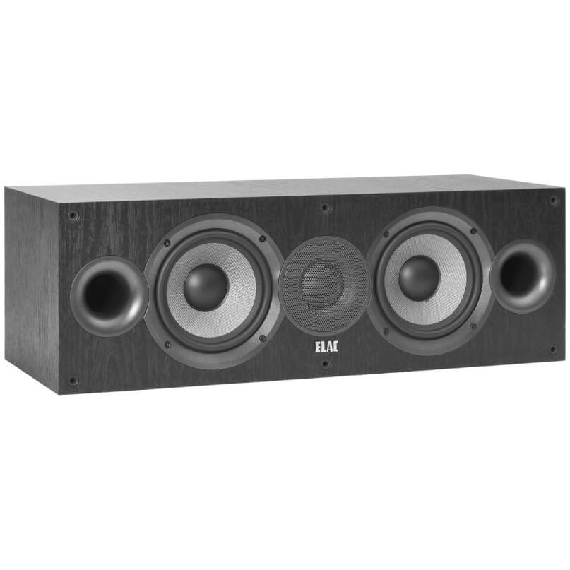 Elac Debut C5.2 Centre Speaker Elac center channel speaker with two large woofers and a central tweeter in black wood veneer.