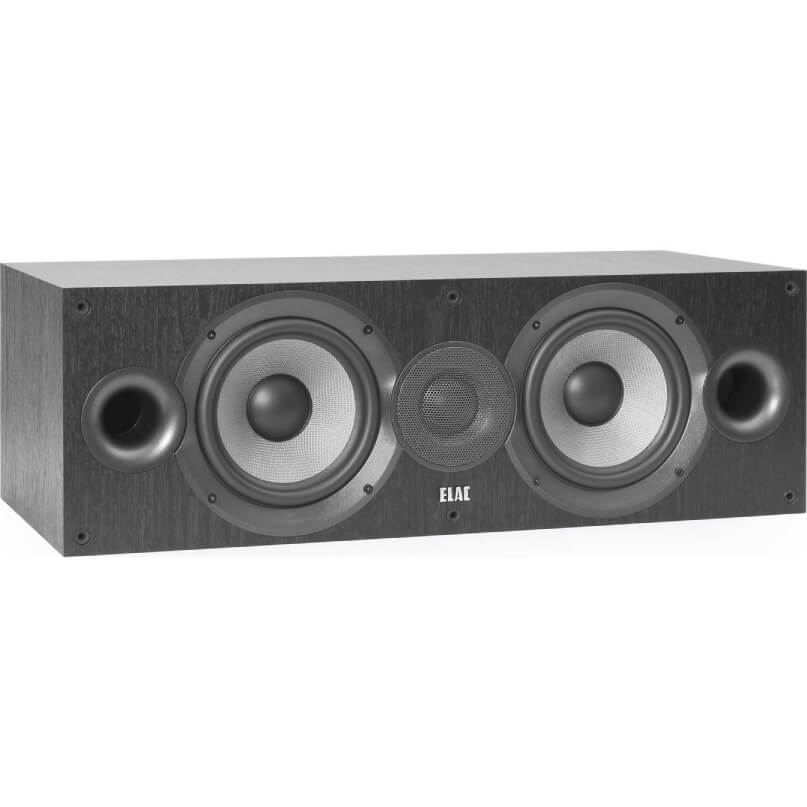 ELAC bookshelf speaker with two large woofers and a central tweeter in black wood finish.