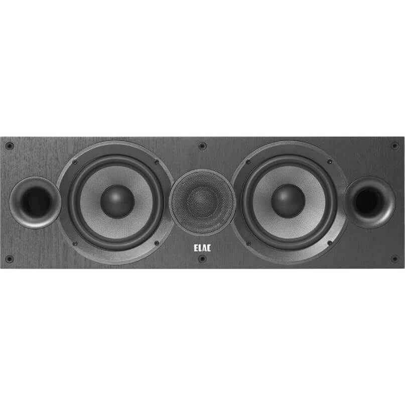 Elac Debut C6.2 Centre Speaker Elac center-channel loudspeaker with dual woofers and a central tweeter in a wood-grain cabinet.