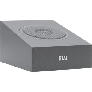 ELAC speaker in a rectangular dark wood cabinet with a circular top grille.