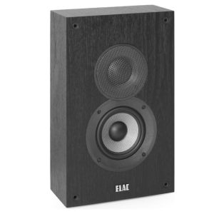 ELAC bookshelf speaker with a top tweeter and bottom woofer in black wood finish.