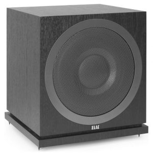 ELAC subwoofer in a black wood cabinet with a large circular front grille.
