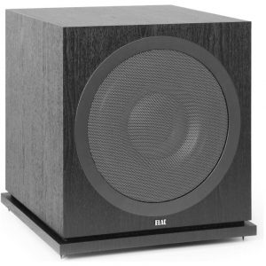 ELAC subwoofer with a circular front speaker grille in a dark wood cabinet.