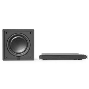 Black subwoofer with a large circular driver beside a slim rack-mount amplifier