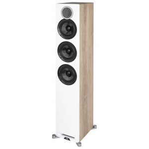 Floor-standing speaker with white front panel, three black woofers and a small top tweeter, natural wood sides.