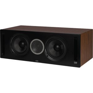 ELAC center-channel loudspeaker with two large drivers and a central tweeter in a black front panel and wood veneer cabinet