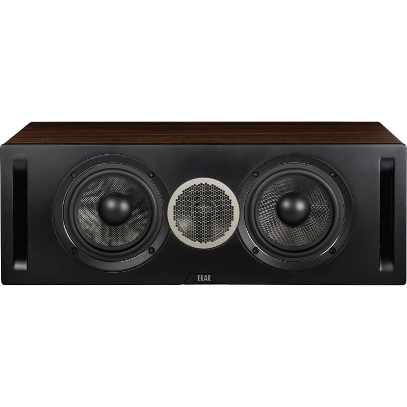 Elac Debut Dcr52 Centre Channel Speaker Elac center speaker with two large woofers, perforated center grille, and wood veneer top panel.