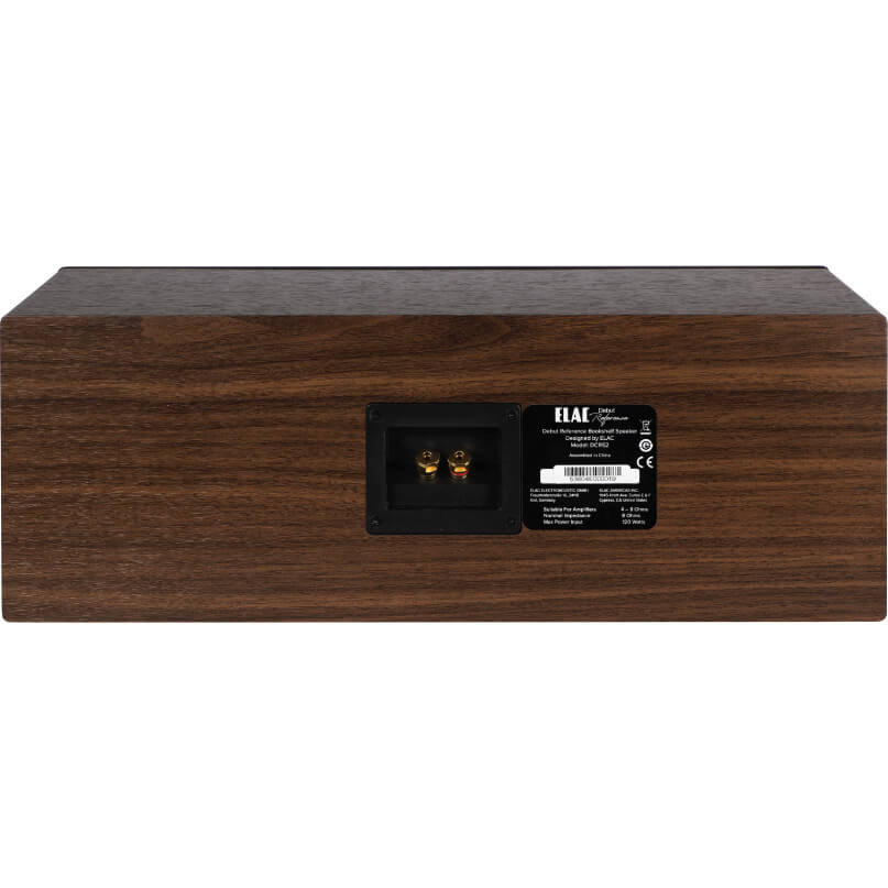 Elac Debut Dcr52 Centre Channel Speaker Elac debut bookshelf speaker in dark wood veneer with gold binding posts on rear panel.