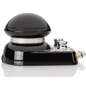 Glossy black dome-shaped car air freshener diffuser with chrome mesh collar and two control knobs.