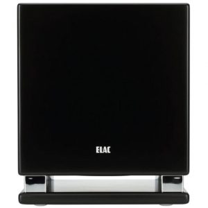 ELAC black glossy speaker with chrome base.