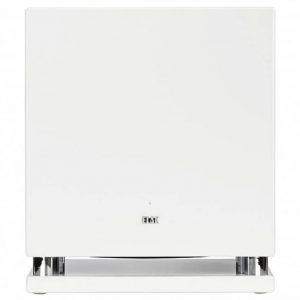 Elac white rectangular bookshelf speaker on a chrome stand.