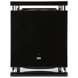 Elac black cube-shaped speaker with chrome rails and front LED indicator.
