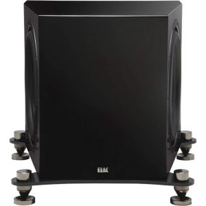 ELAC black subwoofer with dual side-firing drivers on a curved metal base with spiked feet.
