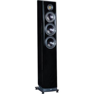 Glossy black floor-standing loudspeaker with four vertically aligned drivers (three woofers and a tweeter) in a slim cabinet.