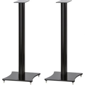 Pair of black floor-standing speaker stands with square mounting tops, curved bases, and adjustable feet.