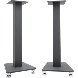 A pair of black speaker stands with square top plates and triangular bases, featuring adjustable chrome feet.
