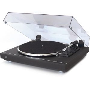 Dual turntable with transparent dust cover, black base, tonearm and cartridge.