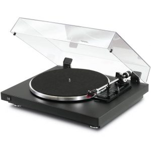 Dual turntable with clear hinged dust cover, black base, silver platter, and manual tonearm with red cartridge.