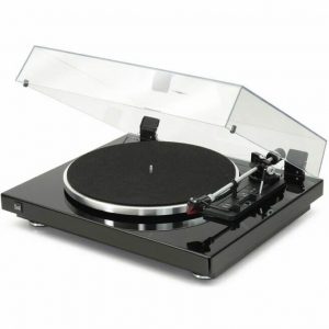 Black turntable with a clear hinged dust cover, silver-plated platter ring, tonearm and cartridge.