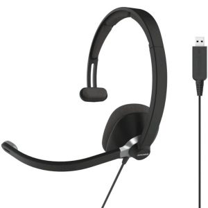 Black wired USB headset with adjustable boom microphone, over-ear cushions, and padded headband.