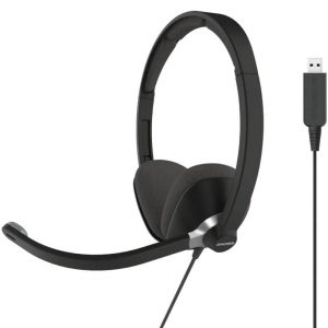 Wired black gaming headset with USB-A connector, adjustable headband, cushioned ear cups, and boom microphone