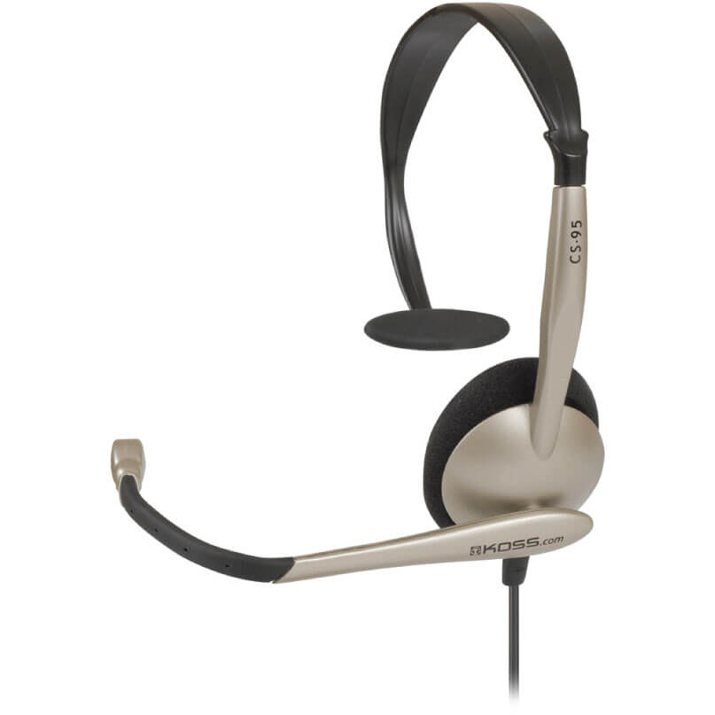 KOSS CS-95 wired over-ear headset with adjustable headband and boom microphone, gold/silver finish and black ear cushions.