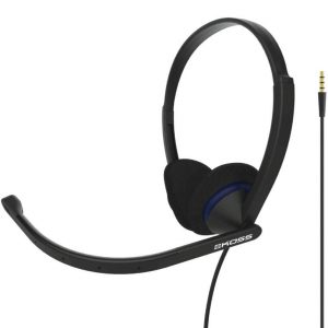 KROSS gaming headset with over-ear cushions, adjustable headband, boom mic, wired 3.5mm plug and blue ring accent.