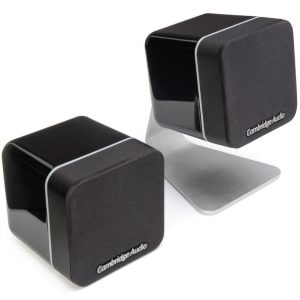 Pair of Cambridge Audio compact desktop speakers with black glossy enclosures, fabric grilles, and white trim.