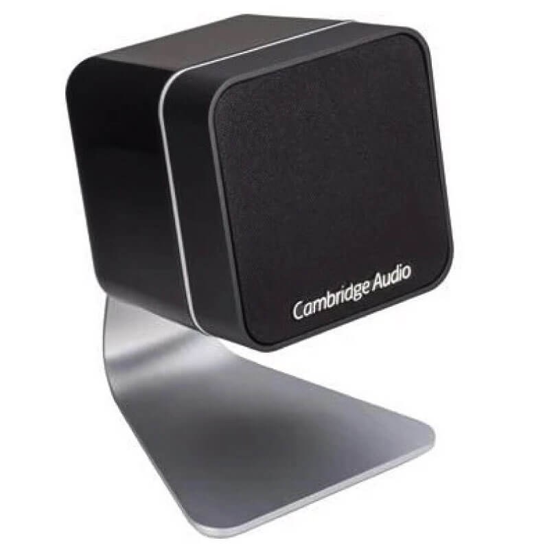 Cambridge Audio Minx Mount - Table Stand Cambridge audio compact desktop speaker with black grille on a curved silver stand.
