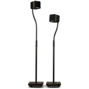 Two Creative Labs desktop speakers mounted on adjustable gooseneck stands with square black speaker heads.
