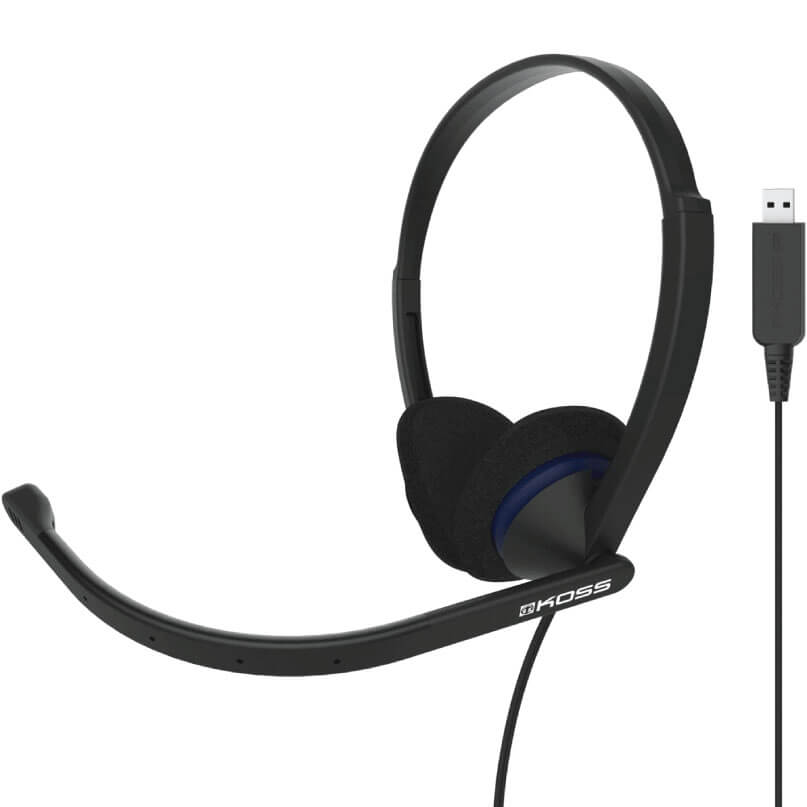 Koss Cs200-Usb Headphones Koss usb wired headset with adjustable black headband, over-ear cushion, and boom microphone