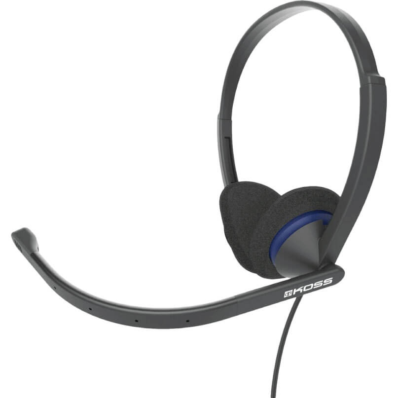Koss Cs200 Headphones Koss wired over-ear headset with adjustable headband, foam cushions, blue ring on ear cup, and attached boom microphone.