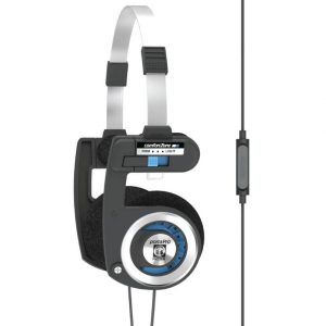 Koss PortaPro over-ear headphones with a metal headband, black foam ear cushions, blue inner ring, and inline control.